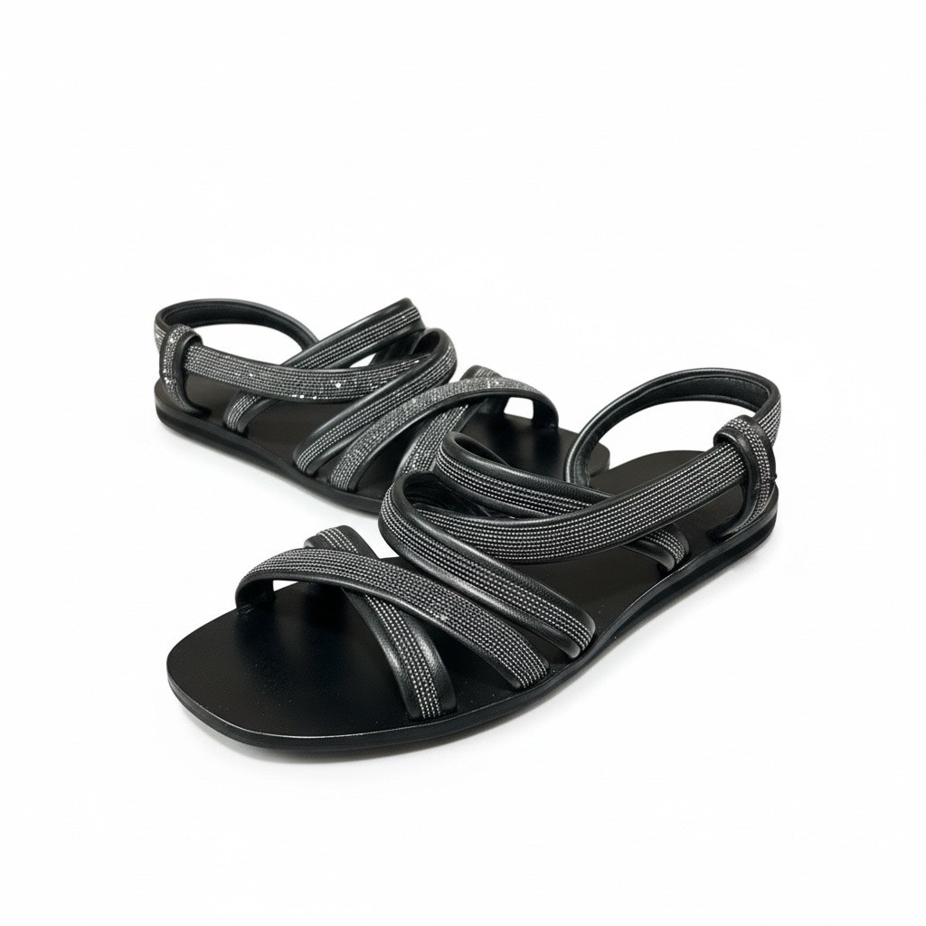 Brunello Cucinelli - Embellished Black Leather Sandals Quiet Luxury Old Money